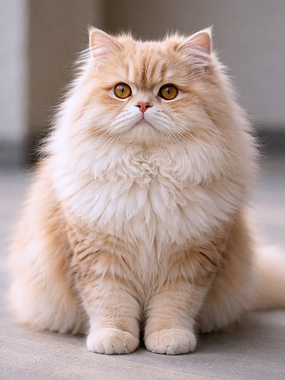 「ふわもこ感が限界突破。気品と可愛さを同時にまとったペルシャ猫です🐾」Photorealistic full-body Persian cat with long fluffy cream fur and amber eyes, sitting under soft natural light 柔らかな自然光の中で座る、全身が写った長毛のペルシャ猫。クリーム色の毛並みと琥珀色の瞳が印象的
