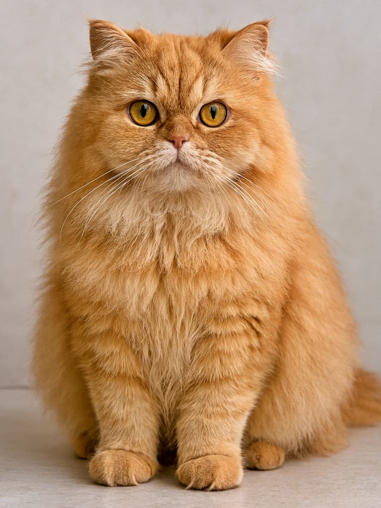 Photorealistic full-body Persian cat sitting on a neutral background, with golden fur strands rendered in lifelike detail, amber eyes showing realistic iris patterns, and all anatomical features precisely positioned under soft natural light. 中立的な背景に座るペルシャ猫の全身を写したフォトリアル画像。黄金色の毛並みは一本一本が自然な厚みと光沢で描写され、琥珀色の瞳にはリアルな虹彩模様が見られる。耳・鼻・口・肉球などの解剖学的特徴も自然光のもとで正確に再現されている