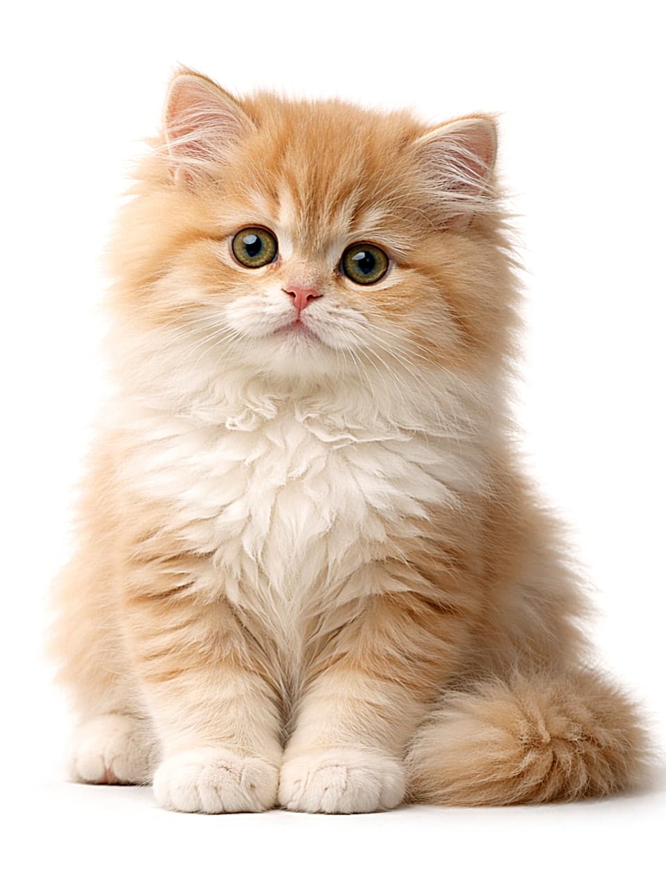 「もふもふ度100％。思わず時間を忘れて見つめてしまう、癒やし全開のペルシャ子猫です🐾」A photorealistic, high-resolution image of a fluffy Persian kitten sitting with its entire body visible, detailed fur texture, natural lighting, and realistic eye reflections on a clean white background. 白背景の上に座る、全身が写ったふわふわのペルシャ子猫。毛並みや光の陰影、瞳の反射までリアルに再現された高解像度写真