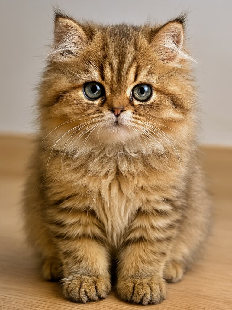 A photorealistic Persian kitten sitting on a wooden floor, with full body visible. Its fluffy fur shows subtle color shifts under natural light, and its blue-green eyes reflect intricate iris patterns. All anatomical features—ears, nose, mouth, paws, and paw pads—are precisely rendered without distortion. 木製の床に座るフォトリアルなペルシャ子猫。全身が写っており、ふわふわの毛並みは自然光のもとで微妙な色の変化を見せる。青緑色の瞳には精緻な虹彩模様が映り、耳・鼻・口・足・肉球などの解剖学的特徴が歪みなく正確に描写されている