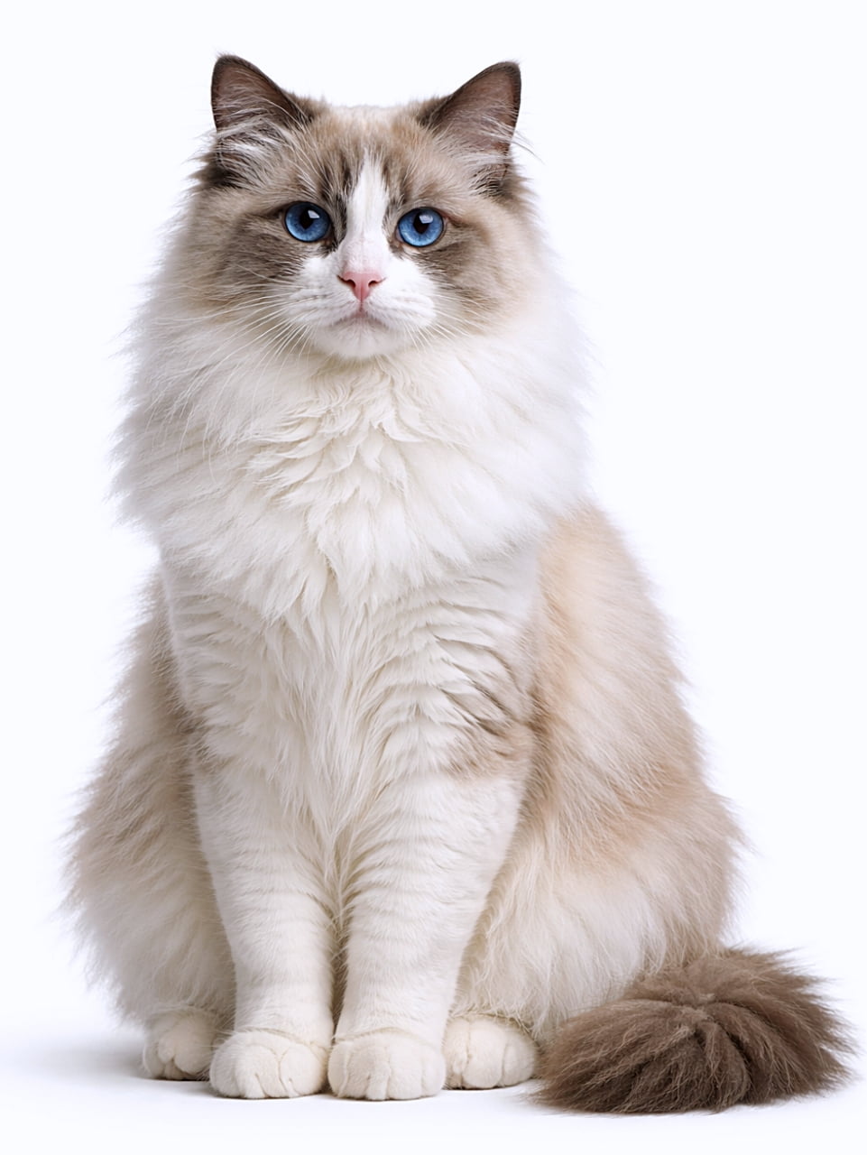 「ふわふわ感が反則級。青い瞳でじっと見つめる、優雅すぎるラグドールさん」Photorealistic full-body portrait of a Ragdoll cat with blue eyes and silky long fur, sitting calmly under soft natural light. 青い瞳と絹のような長毛を持つラグドール猫が、自然光の下で全身が写るように座っている写真