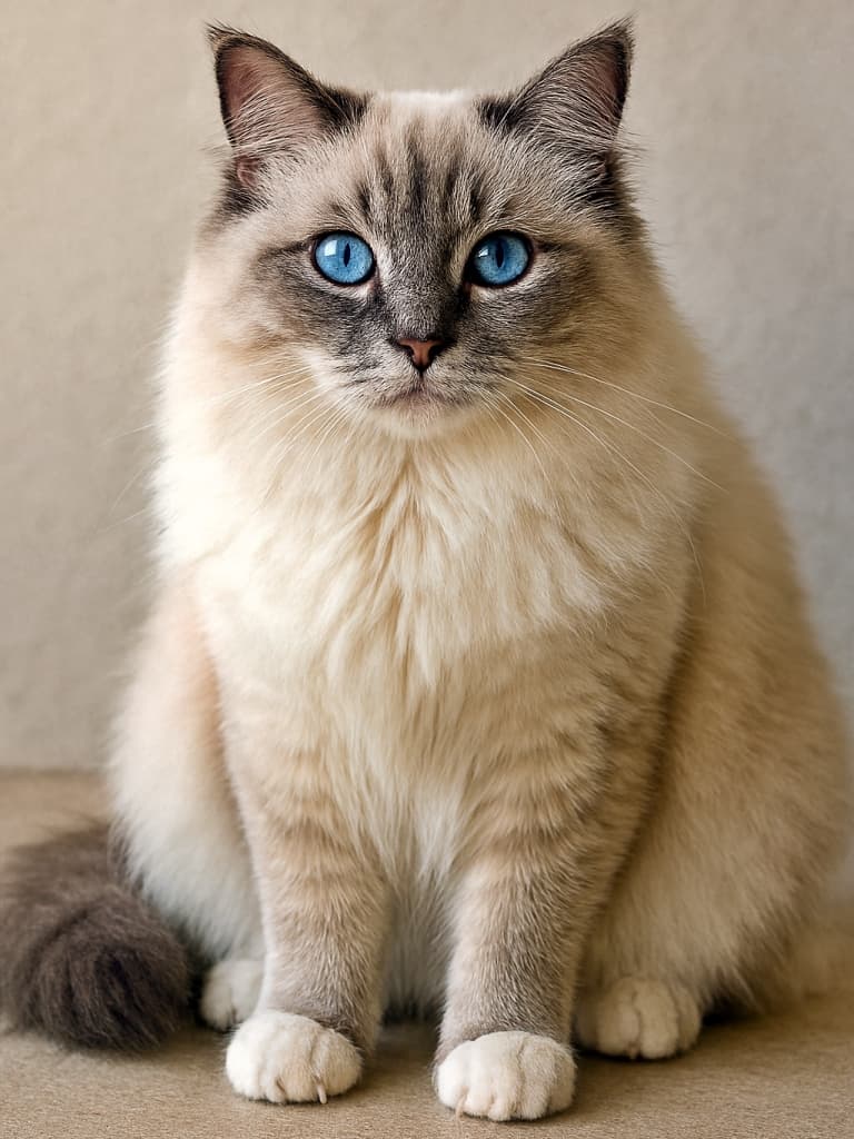 Photorealistic full-body Ragdoll cat with blue eyes and cream-gray fur sitting on a neutral surface under natural light 自然光のもと、クリームグレーの毛並みと青い瞳が美しいラグドール猫の全身ポートレート