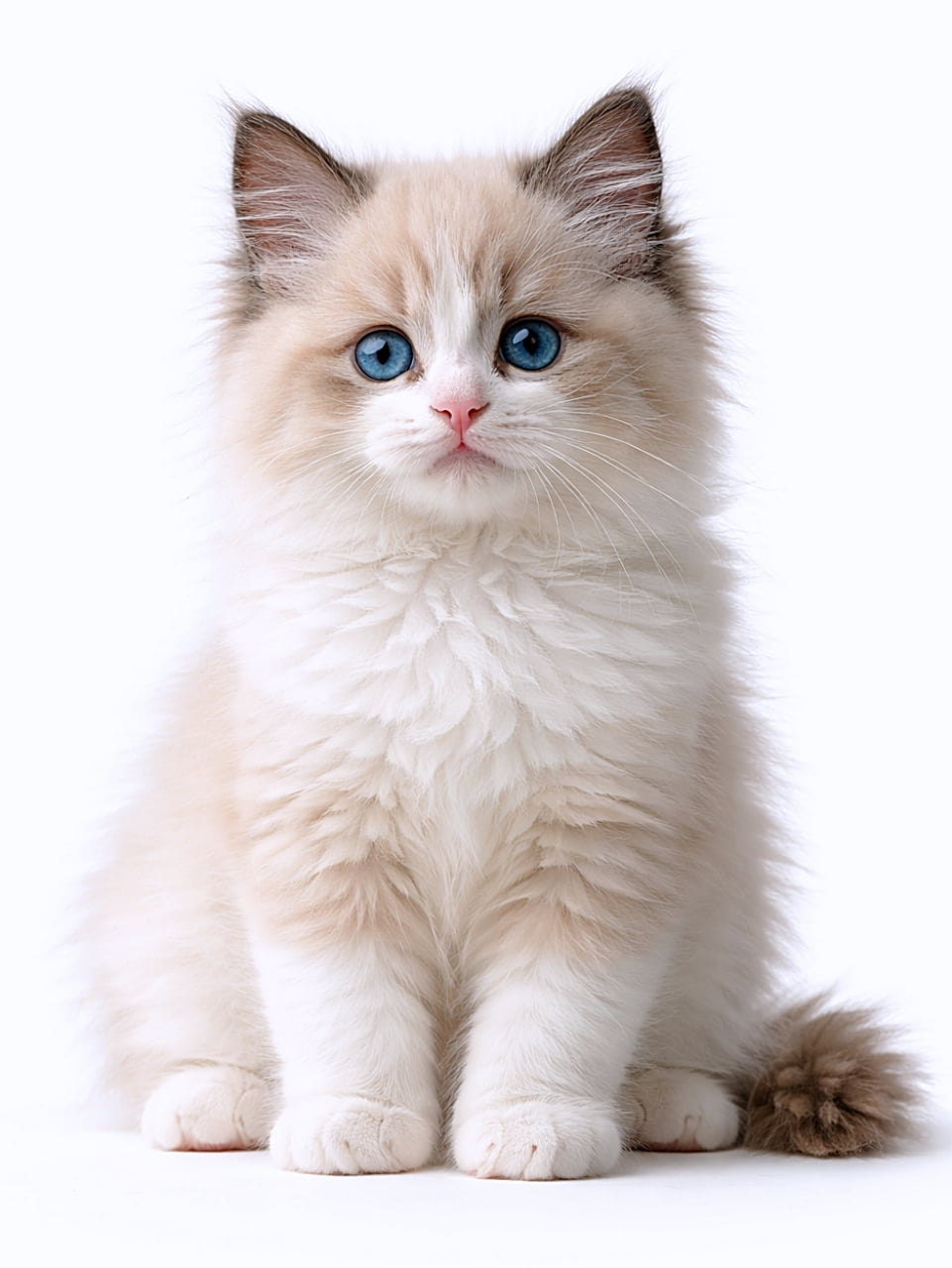 「ふわもこ度100％！青い瞳がきらめくラグドール子猫、見てるだけで心がほどけます🐾」Photorealistic full-body image of a fluffy Ragdoll kitten with blue eyes, sitting against a white background under natural light 白背景で座る、青い瞳とふわふわの被毛を持つラグドール子猫の全身写真