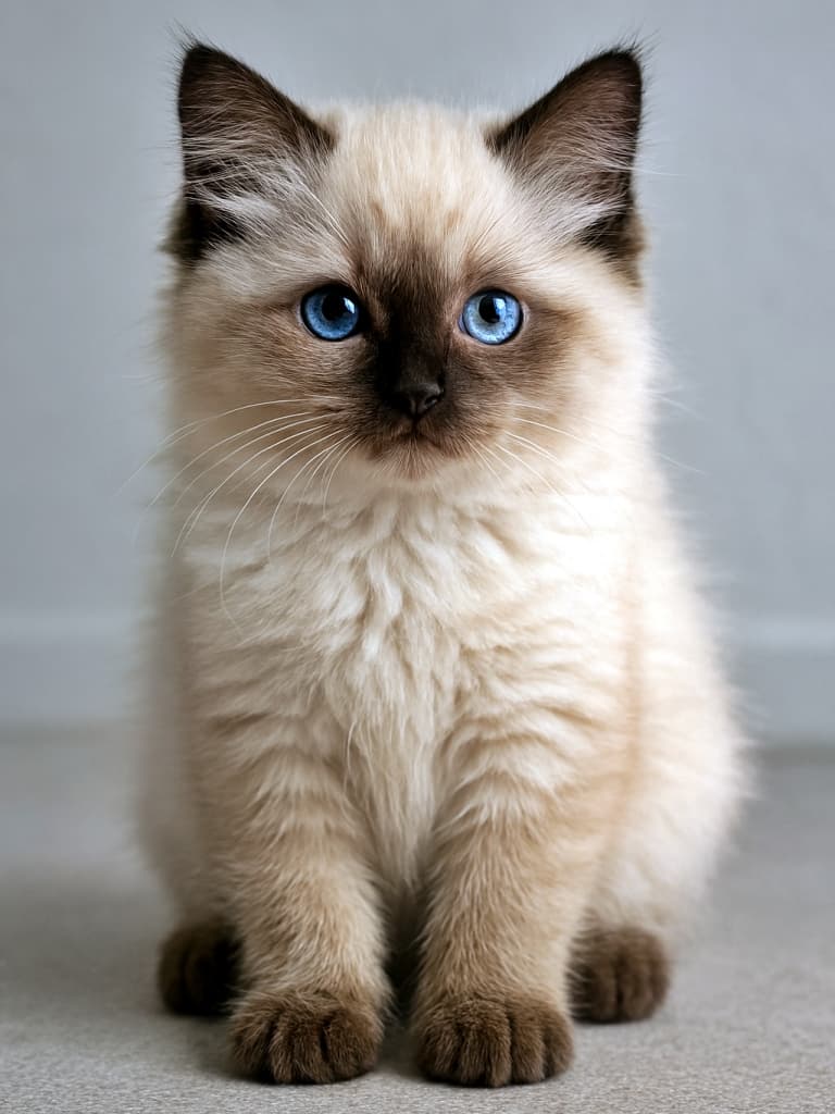 Photorealistic full-body Ragdoll kitten sitting on a smooth surface, with silky cream and brown fur, vivid blue eyes, and anatomically precise features under soft natural light. ふわふわのクリーム色とブラウンの毛並みが美しいラグドール子猫。澄んだ青い瞳と繊細な体のディテールが自然光の中で輝く、まるで本物のような一枚