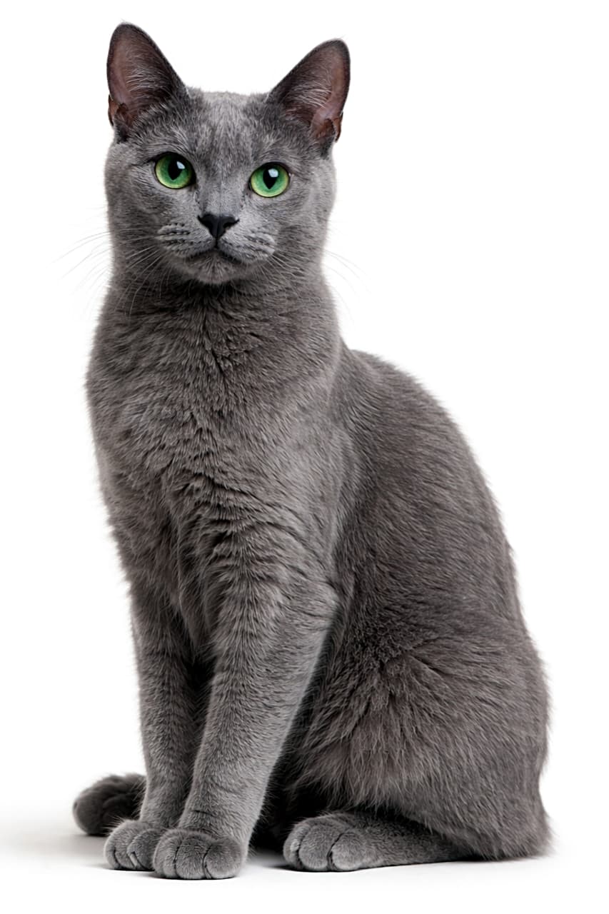「銀色の毛並みにエメラルドの瞳✨気品ただようロシアンブルーの静かな存在感」Photorealistic full-body portrait of a Russian Blue cat with silvery-gray fur and vivid green eyes, sitting calmly under soft natural light. 自然光の下で静かに座る、全身が写ったロシアンブルーの猫。銀灰色の毛並みと鮮やかな緑の瞳が印象的