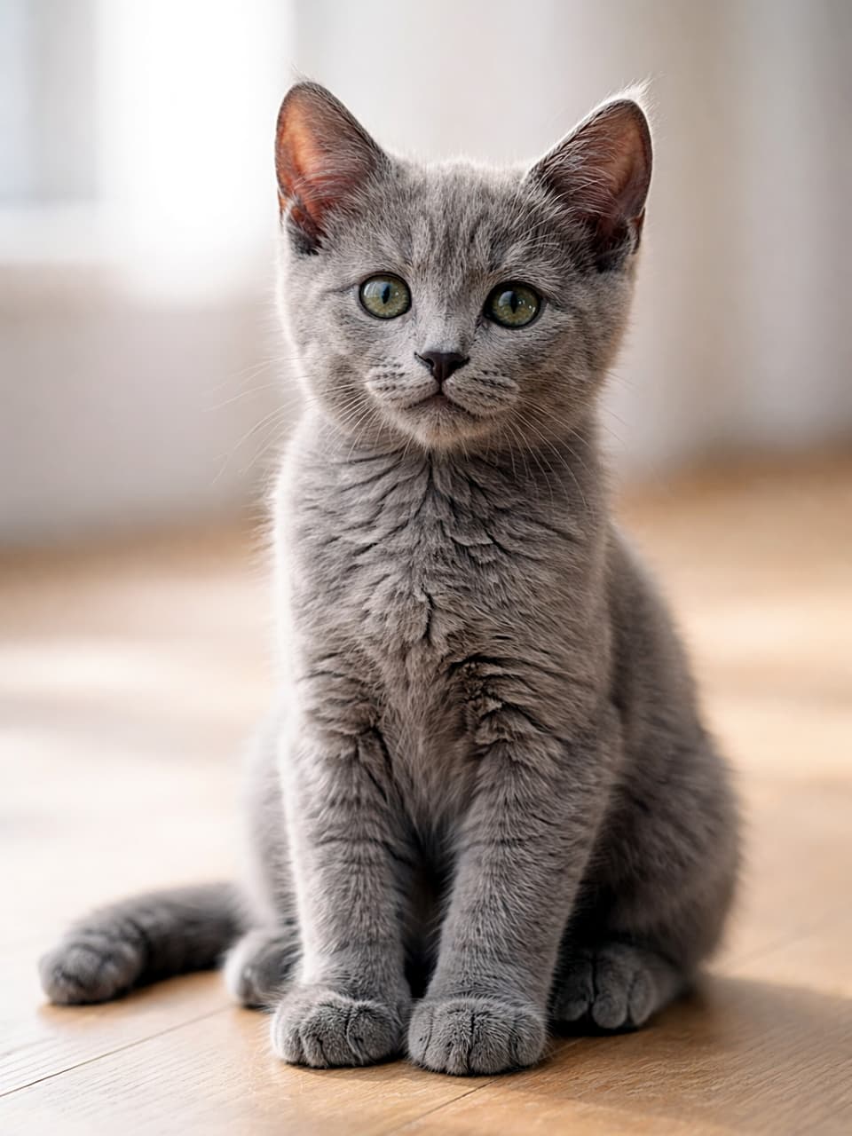 「静かに見つめるロシアンブルーの子猫。この透明感、思わず息をのむ可愛さ…！」Photorealistic full-body image of a Russian Blue kitten sitting on a wooden floor in soft natural light 柔らかな自然光の中、木の床に座るロシアンブルーの子猫の全身写真