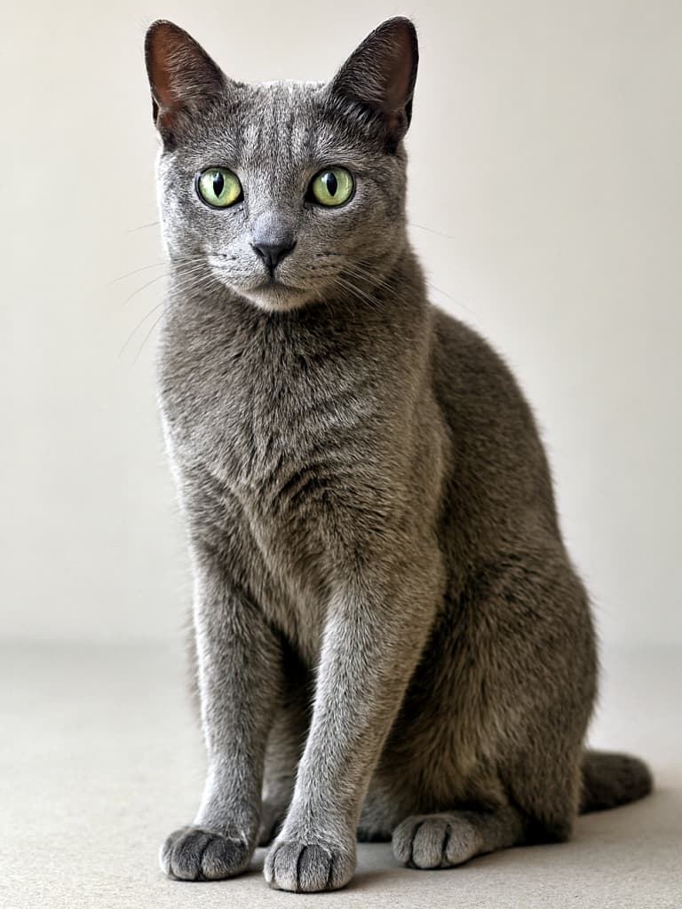 A photorealistic full-body Russian Blue cat sitting gracefully on a neutral background. Its dense, slate-gray fur glows under natural light, with each strand rendered in lifelike detail. Vivid green eyes with intricate iris patterns reflect ambient light. All anatomical features—ears, nose, mouth, paws, and paw pads—are precisely positioned, creating a seamless, high-resolution image indistinguishable from a real photograph. ロシアンブルーの猫がニュートラルな背景の上に優雅に座っているフォトリアリスティックな全身画像。密なスレートグレーの毛並みは自然光の下で輝き、一本一本がリアルに描写されている。鮮やかなグリーンの瞳には精緻な虹彩模様と光の反射が見られ、耳・鼻・口・足・肉球などすべての解剖学的特徴が正確に配置された、実写と見分けがつかない高解像度画像