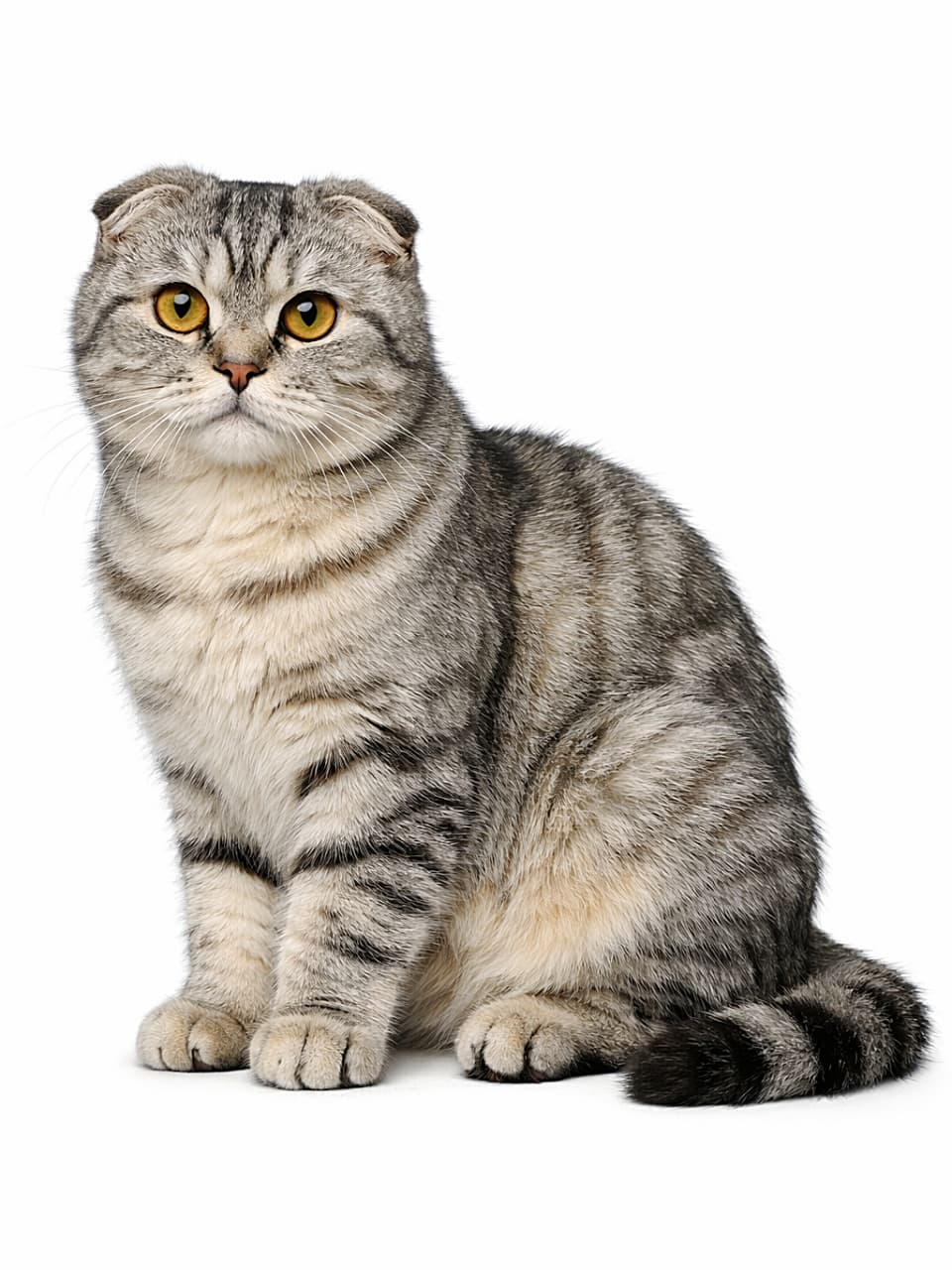 「折れ耳とまんまる瞳がたまらない。本物みたいなスコティッシュフォールドの一枚🐾」Photorealistic full-body Scottish Fold cat sitting under natural light, with detailed fur texture, folded ears, and realistic golden eyes, isolated on a clean white background. 自然光の下で座るスコティッシュフォールドの全身像。折れ耳や毛並み、金色の瞳までリアルに再現された高精細な写真風画像