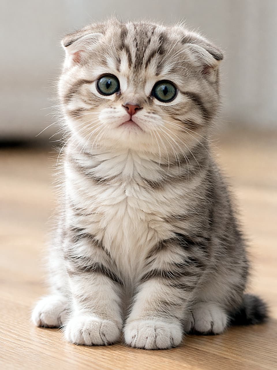 「折れ耳×まんまる瞳の破壊力。思わず見つめ返してしまう、リアルすぎる子猫の一瞬🐾」Photorealistic high-resolution image of a Scottish Fold kitten sitting on a wooden floor, with folded ears, soft striped fur, and clear blue-green eyes under natural light. 木の床の上に座るスコティッシュフォールドの子猫。折れ耳と柔らかな縞模様の毛並み、自然光に映える青緑の瞳がリアルに描写された高解像度写真