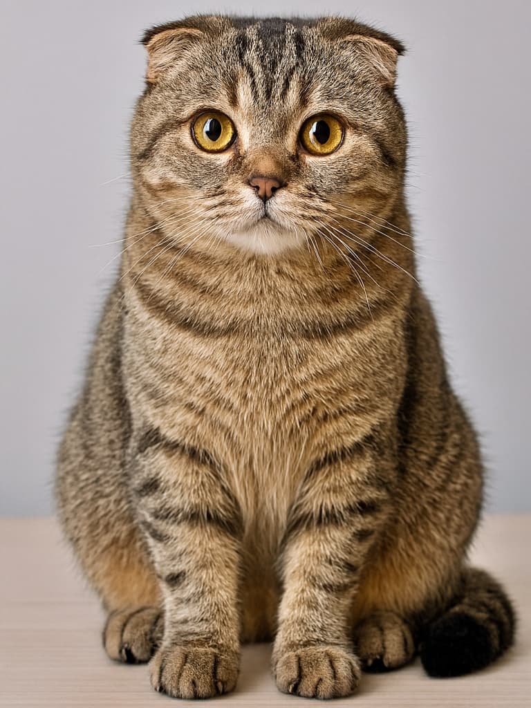 A photorealistic Scottish Fold cat sitting calmly on a light surface, with golden eyes and folded ears, under soft natural light. 柔らかな自然光の中、黄金の瞳と折れた耳を持つスコティッシュフォールドが静かに佇む、写実的な一枚