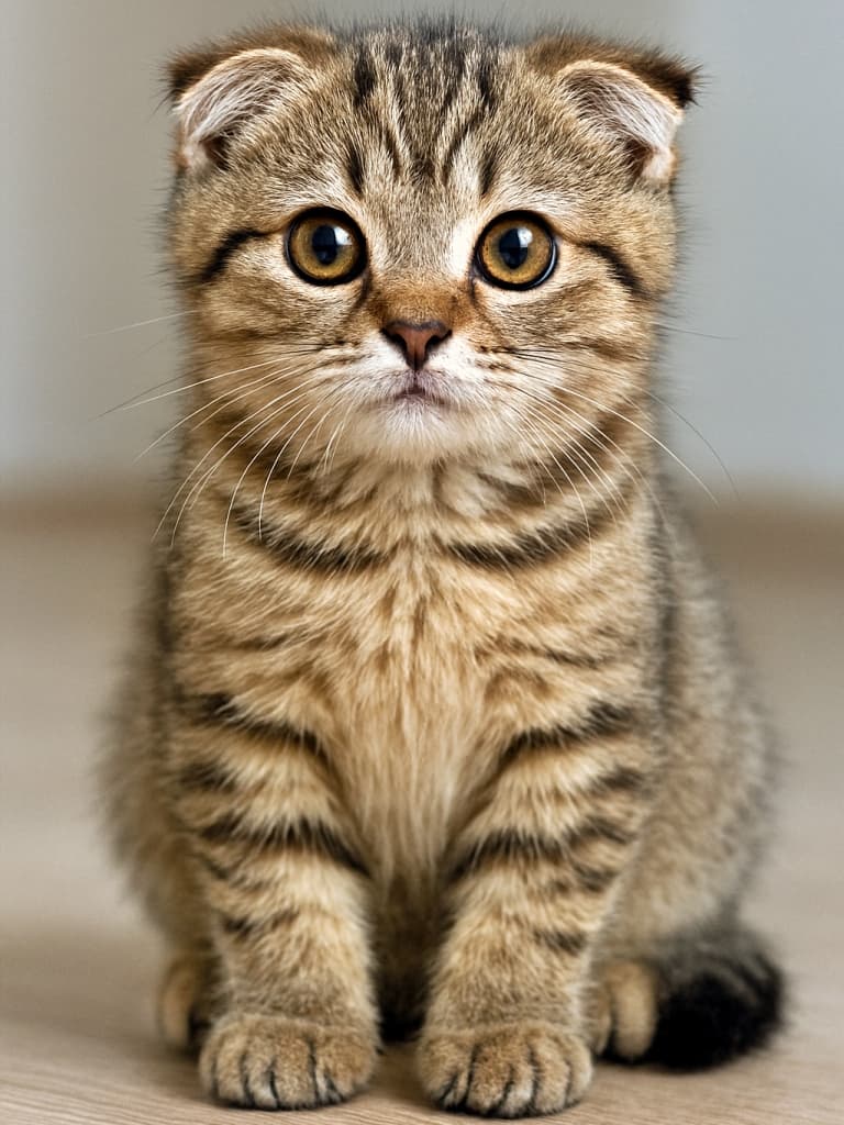 A photorealistic Scottish Fold kitten sitting on a smooth floor, with soft tabby fur and folded ears, gazing directly with amber eyes under natural light. 滑らかな床に座るスコティッシュフォールドの子猫。柔らかな縞模様の毛並みと折れた耳、琥珀色の瞳でまっすぐ見つめている。自然光の中で写実的に描写されている