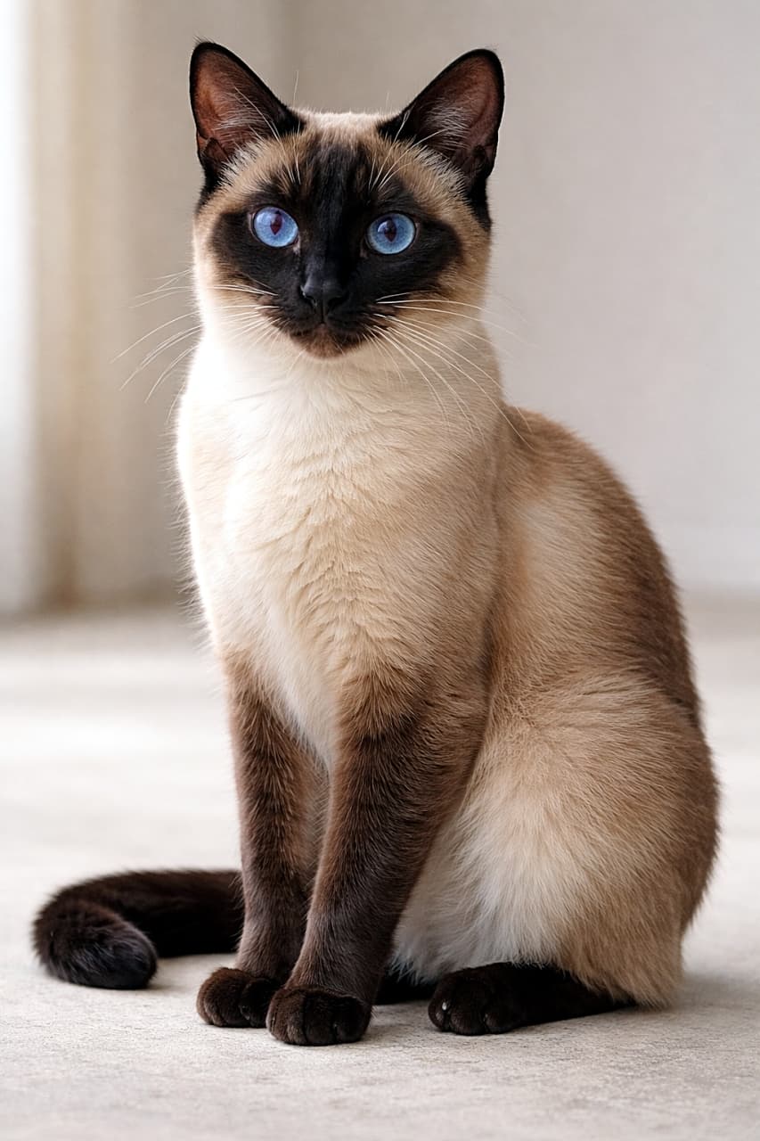 「吸い込まれそうな青い瞳。静かに佇むシャム猫の気品が、空気ごと写し出される一枚」Photorealistic full-body Siamese cat sitting under soft natural light, with detailed cream fur, dark points, and vivid blue eyes, captured with realistic texture and anatomy. 柔らかな自然光の下で座るシャム猫の全身を写したフォトリアルな高解像度画像。精密な毛並みと濃淡、鮮やかな青い瞳までリアルに再現