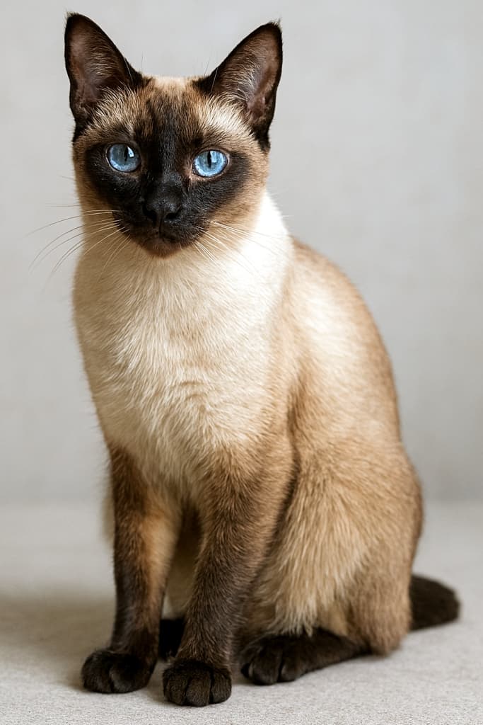 Photorealistic full-body Siamese cat sitting gracefully on a neutral surface. Cream-colored fur with dark brown points, each strand rendered with natural sheen and direction. Deep blue almond-shaped eyes with realistic iris detail and light reflections. All anatomical features—ears, nose, mouth, paws, and tail—precisely positioned under soft natural lighting. 中立色の床に優雅に座るシャム猫。クリーム色の毛並みに濃茶のポイントが映え、一本一本の毛が自然な光沢と流れを持つ。アーモンド形の青い瞳には精緻な虹彩模様と光の反射。耳、鼻、口、足、しっぽまで、柔らかな自然光のもとで正確に描写されている