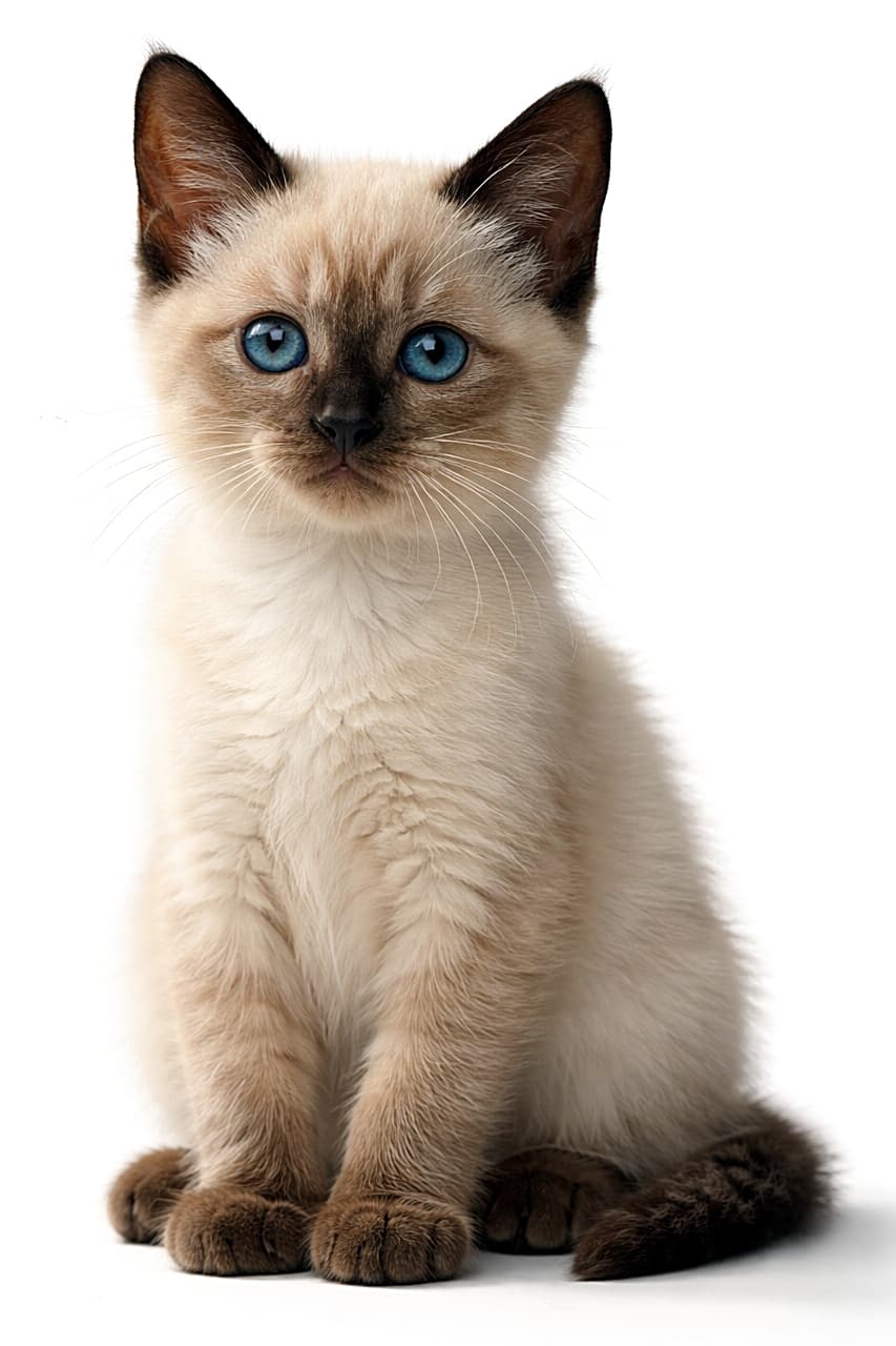 「青い瞳に一瞬で心を奪われる。気品と可愛さを両立したシャム子猫の奇跡の一枚」Photorealistic high-resolution image of a Siamese kitten sitting upright with its full body visible, featuring cream fur, dark brown points, and vivid blue eyes under natural light. 自然光の下で全身がはっきり写った、クリーム色の毛並みと濃いブラウンのポイント、澄んだ青い瞳を持つシャム子猫の高精細フォトリアル画像