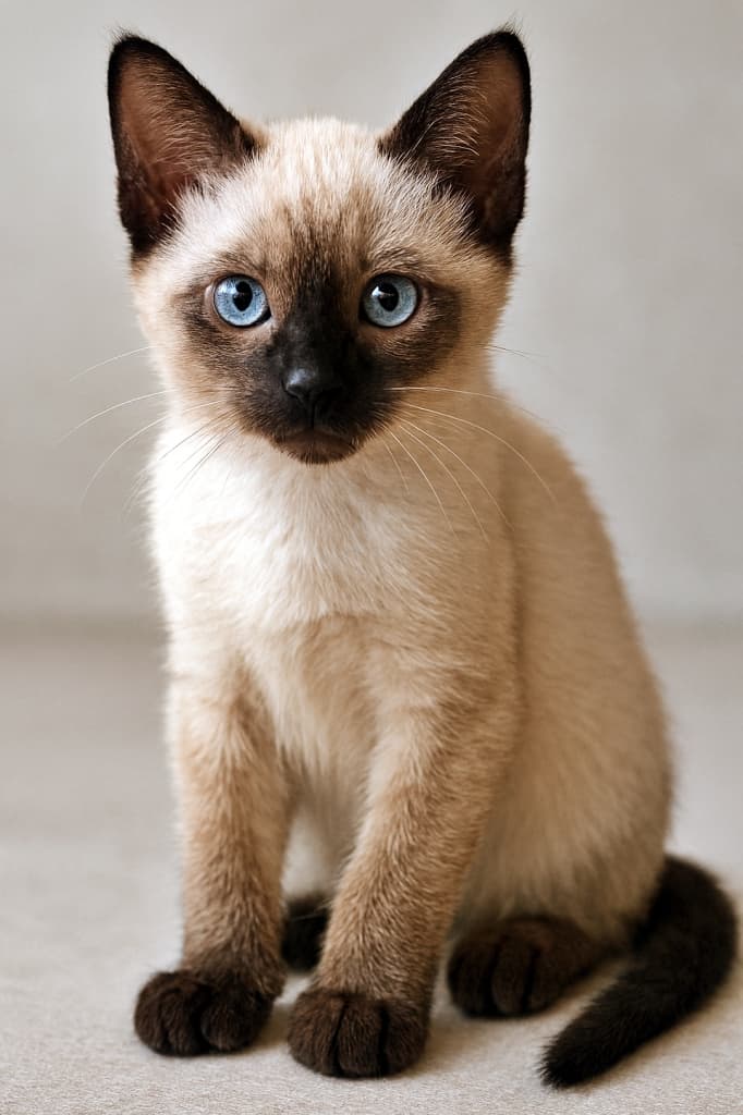 Photorealistic full-body Siamese kitten sitting on a neutral surface, with vivid blue eyes, creamy fur and dark brown points, rendered in natural light with lifelike texture and anatomical precision. 自然光の中で中立色の床に座るシャム子猫。鮮やかな青い瞳、クリーム色の毛並みと濃茶のポイントが写実的に描写され、リアルな質感と正確な身体構造が再現されている