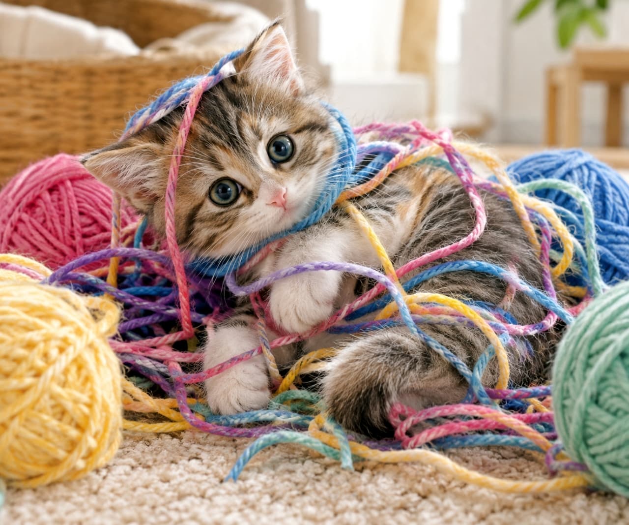 「カラフルな毛糸に夢中！絡まっちゃっても遊ぶのやめないもんね🧶🐈✨ #猫のいる風景 #にゃんすたぐらむ」Ultra-realistic high-quality photograph of a cute calico kitten lying down, playfully tangled in brightly colored balls of yarn including pink, blue, and yellow. The kitten holds a blue yarn with its paws and looks up with large innocent eyes. 室内で、ピンクや青、黄色といった色鮮やかな毛糸玉と解けた毛糸にぐるぐると絡まりながら横たわる三毛猫風（キャリコ）の子猫。ブルーの毛糸を前足で抱え込み、大きな澄んだ瞳で遊びを誘うようにこちらを見上げています。毛糸の複雑な質感と子猫のふわふわな被毛が見事に表現されています