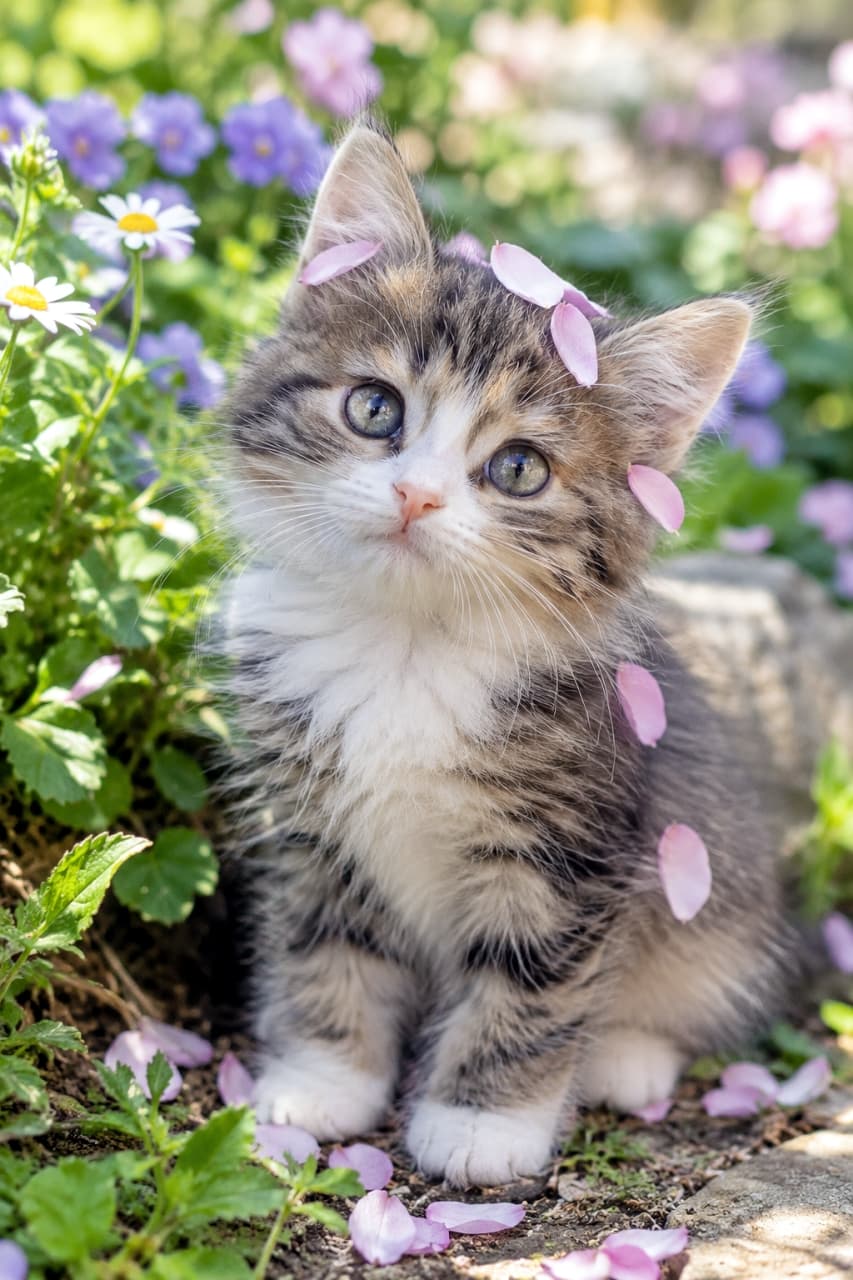 「花畑の中で、花びらとお友達🐈✨ #猫のいる風景 #にゃんすたぐらむ」Ultra-realistic high-quality photograph of a calico kitten sitting nestled among a profusion of colorful flowers in a garden. The kitten has several pink petals on its head and fur and is looking directly at the camera with large clear eyes. Purple, white, and pink flowers and green leaves create a softly blurred background. 色とりどりの花が咲く庭の中で、トライカラー（三毛猫）の子猫が座っている。子猫の頭や体にはピンクの花びらが乗っており、大きな澄んだ瞳でこちらを見つめている。周囲には紫、白、ピンクの花が咲き、緑の葉が茂っている。子猫の毛並みや、花びらの質感が詳細に描写されている