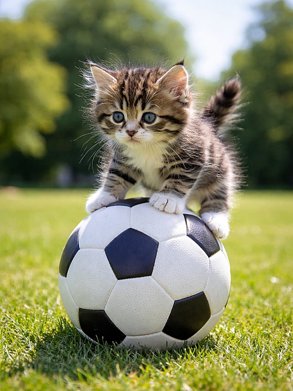 「サッカーボールの上にちょこん!まるで小さなアスリート⚽️
ふわふわ子猫が堂々と立つ姿に、今日のMVPはこの子かも?」A fluffy tabby kitten confidently standing on a soccer ball on a sunny grassy field, bright outdoor lighting. 晴れた芝生のフィールドで、サッカーボールの上にしっかり立つふわふわのキジトラ子猫