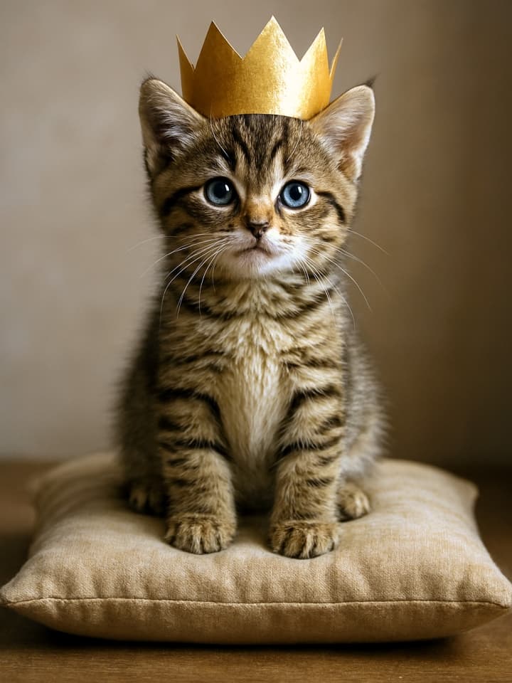 「子猫キング」“Wearing a paper crown, the kitten dreams of ruling the world from its fluffy throne.” Photorealistic tabby kitten wearing a golden paper crown, sitting upright like a little king on a beige pillow, warm natural lighting, shallow depth of field. 青い瞳のキジトラ子猫が金色の紙の王冠をかぶり、ベージュのクッションの上で堂々と座っている