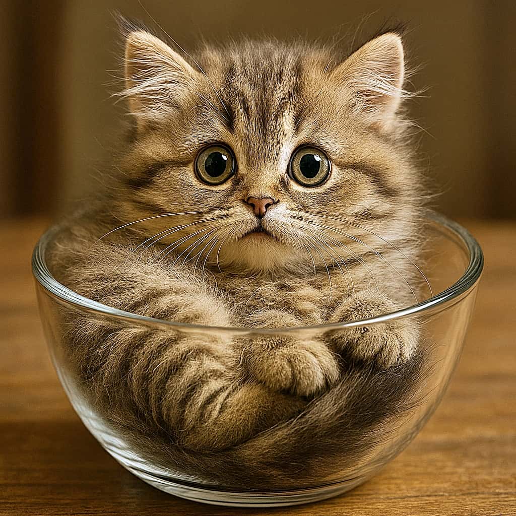 「まんまるおめめでびっくり!ガラスの器にすっぽり収まる、ふわふわ子猫のキュートな瞬間♡」A fluffy, long-haired kitten with wide, surprised eyes curled up inside a clear glass bowl on a wooden surface. The kitten’s fur is a mix of light brown, cream, and gray, and its bushy tail wraps around its body. The bowl’s transparency reveals the kitten’s soft fur through the glass, and the lighting highlights its expressive face. ふわふわの長毛子猫が、驚いたような大きな丸い目でガラスの器の中に丸くなっている様子。毛色は淡い茶色、クリーム、灰色が混ざり、ふさふさの尻尾が体を包む。透明な器越しに毛並みが見え、自然光が表情をやさしく照らしている