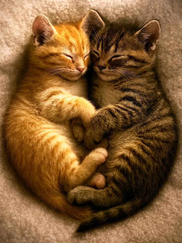 “Belly to belly, they drift into dreams, two hearts becoming one.”Two photorealistic kittens sleeping belly to belly in a heart shape, cozy golden lighting, orange and brown tabby, warm dreamy atmosphere. オレンジ色と縞模様の2匹の子猫が寄り添い、ハートのような形に丸まって眠っている。閉じた目と触れ合う前足が穏やかな愛情を表す