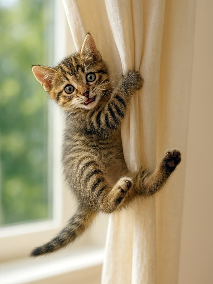 「カーテン大冒険」Photorealistic tabby kitten dangling from a cream curtain in bright daylight, tiny claws gripping fabric, mischievous expression, sunlit room with greenery outside. 青い目の縞模様のトラ猫がクリーム色のカーテンにしがみつき、口を少し開けて遊び心あふれる瞬間を見せている。背景には陽光が差す窓