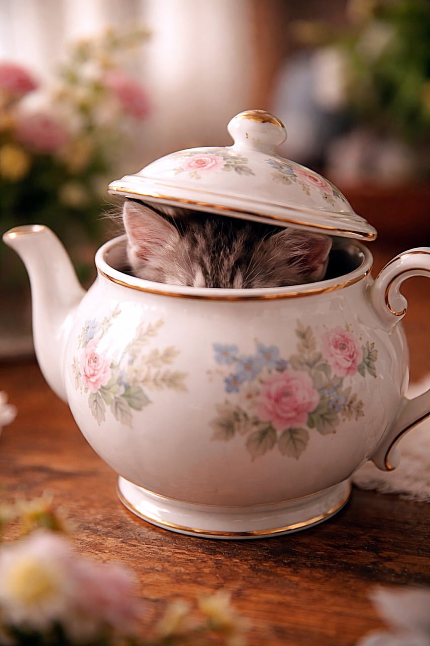 「ティーポットをそっと開けたら…中には子猫!?フタのすき間からちょこんと見える耳がたまらない、思わず「紅茶より猫ください」と言いたくなる瞬間」A kitten hiding inside a floral teapot with the lid slightly tilted, only its tiny ears poking out, photorealistic. 花柄のティーポットの中に隠れ、少し傾いたフタのすき間から小さな耳だけがのぞく子猫のフォトリアルな写真