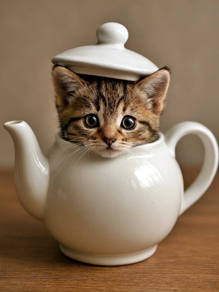 「ティーポットの秘密基地」“Through the tilted lid’s quiet gap, tiny ears peek at the world.” Photorealistic tabby kitten hiding inside a white teapot with the lid slightly tilted, only its ears visible, playful and cozy scene. 白い陶器のティーポットに入った縞模様の子猫。頭を覗かせ、傾いた蓋が乗っている。好奇心に満ちた目がユーモラスな魅力を添える
