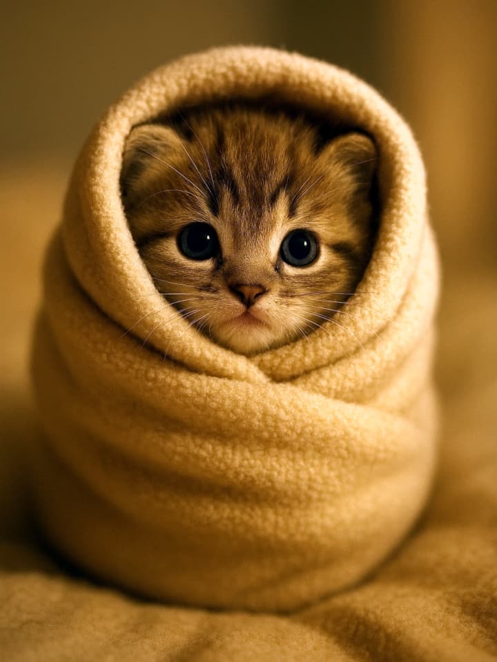 「ブリトー子猫」A photorealistic kitten wrapped snugly in a beige blanket like a burrito, with only its nose and eyes visible, glowing under warm golden light, cozy and adorable. ベージュのフリース毛布にしっかり包まれた子猫。顔だけが覗き、好奇心に満ちた穏やかな目が温もりと安心感を伝える