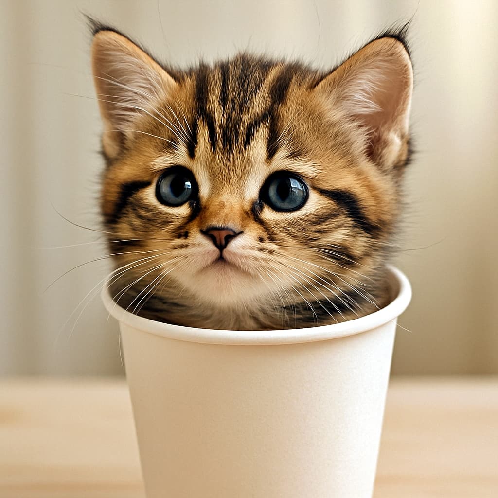 A tiny tabby kitten with large blue eyes sits inside a white paper cup, its head and upper body peeking over the rim. The kitten’s perked ears and curious gaze contrast with the softly blurred neutral background, emphasizing its delicate size and gentle presence. 白い紙コップの中に座る小さなキジトラ子猫。大きな青い瞳とピンと立った耳が印象的で、縁から顔と上半身を覗かせている。背景は柔らかくぼかされ、子猫の小ささと穏やかな存在感が際立っている