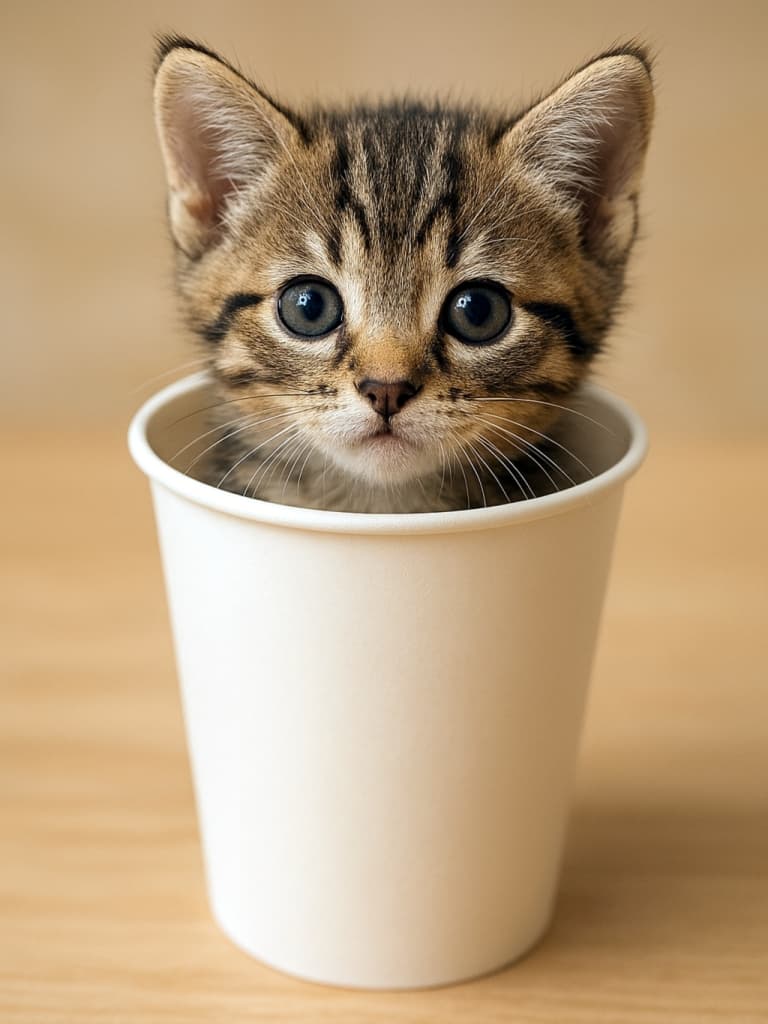 A small kitten sits snugly inside a white paper cup, with the rim gently encircling its neck like a soft collar. Its wide, curious eyes gaze directly at the viewer, framed by warm lighting and a softly blurred background that enhances the kitten’s innocent charm. 紙コップにすっぽり収まった子猫が、縁を首輪のようにまといながら、まっすぐこちらを見つめている。明るい色調の背景が、好奇心とあどけなさを引き立てる