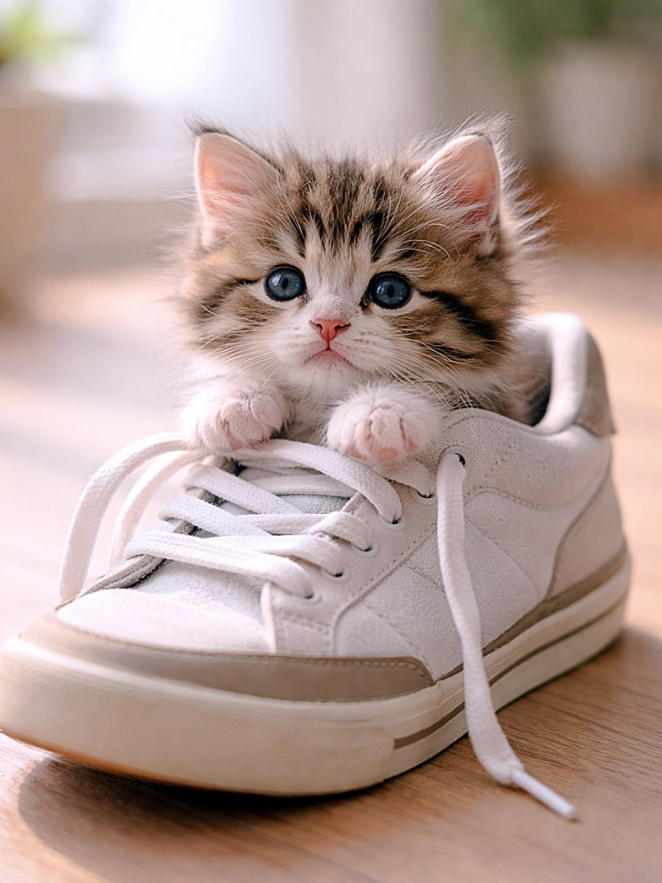 「スニーカーをのぞいたら…まさかの子猫!?ちょこんと顔とおててだけ出して「ここが今日のおうちです」みたいな表情がたまりません🐾」Tiny kitten sitting inside a white sneaker with only its head and paws sticking out, looking curiously at the camera in soft daylight, photorealistic. 白いスニーカーの中にすっぽり入った小さな子猫。頭と前足だけを出してこちらを見つめている、やわらかな自然光のフォトリアルな写真