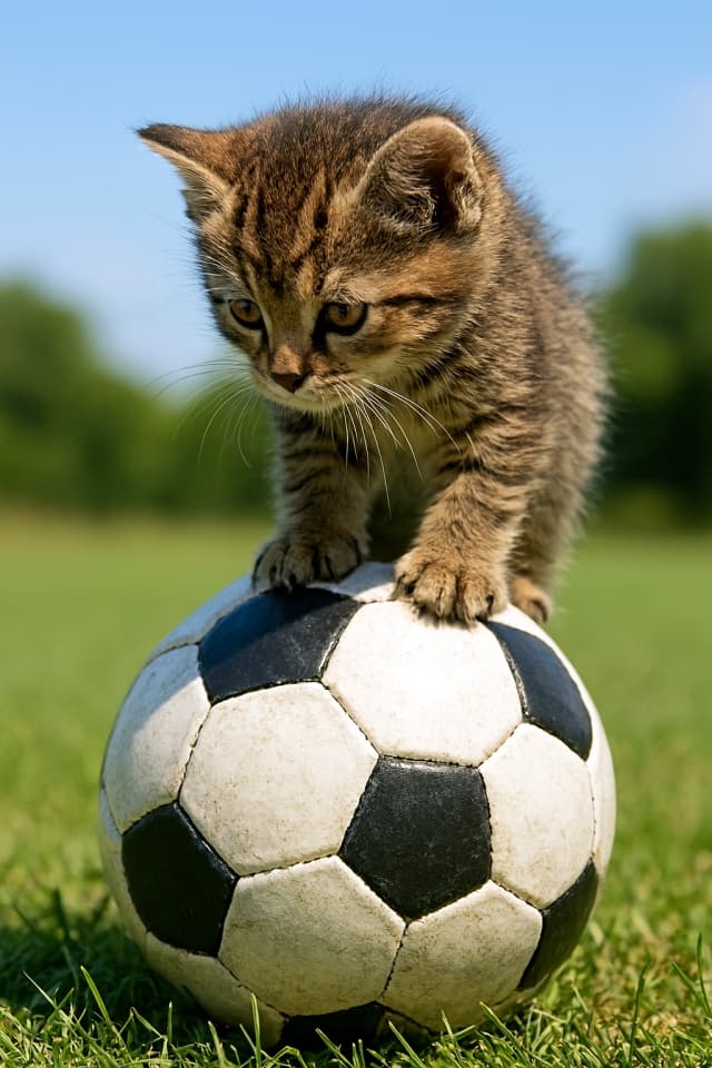 Photorealistic kitten balancing on a soccer ball outdoors in bright sunlight, playful sports-themed cat scene on green grass field 黒白のサッカーボールに前足を乗せて立つ縞模様の子猫。芝生の上で下を見つめる好奇心に満ちた姿