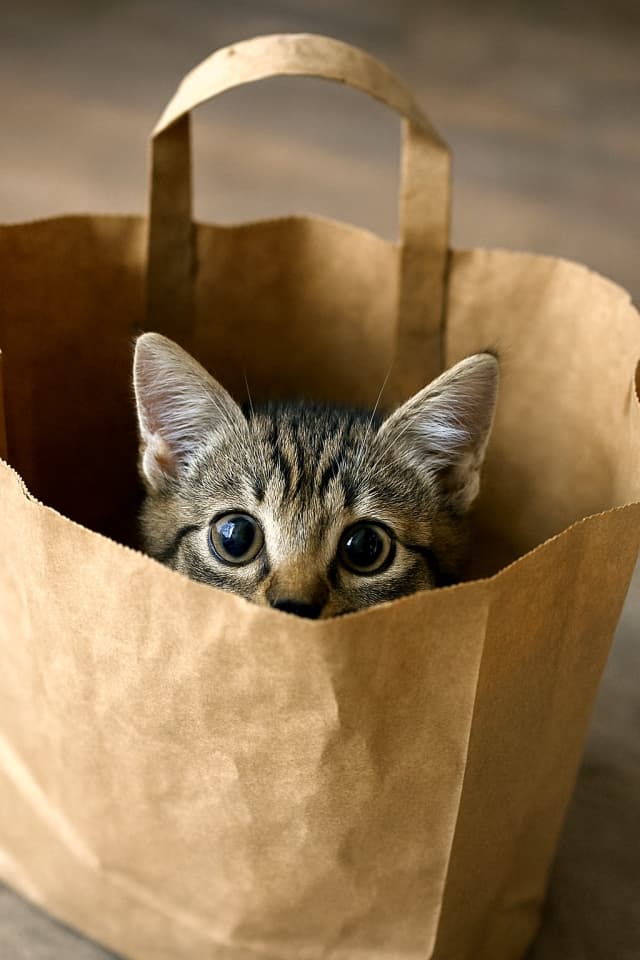 「紙袋のぞきんこ!(Peeking from the Paper Bag!)」“With only eyes, the secret hide-and-seek begins.” Photorealistic tabby kitten sitting in a lush garden with soft pink flower petals resting on its head like a crown, surrounded by colorful blossoms and greenery, high detail close-up. 茶色の紙袋から顔と耳だけをのぞかせる小さな縞模様の子猫。袋の中から好奇心いっぱいに外を見ている