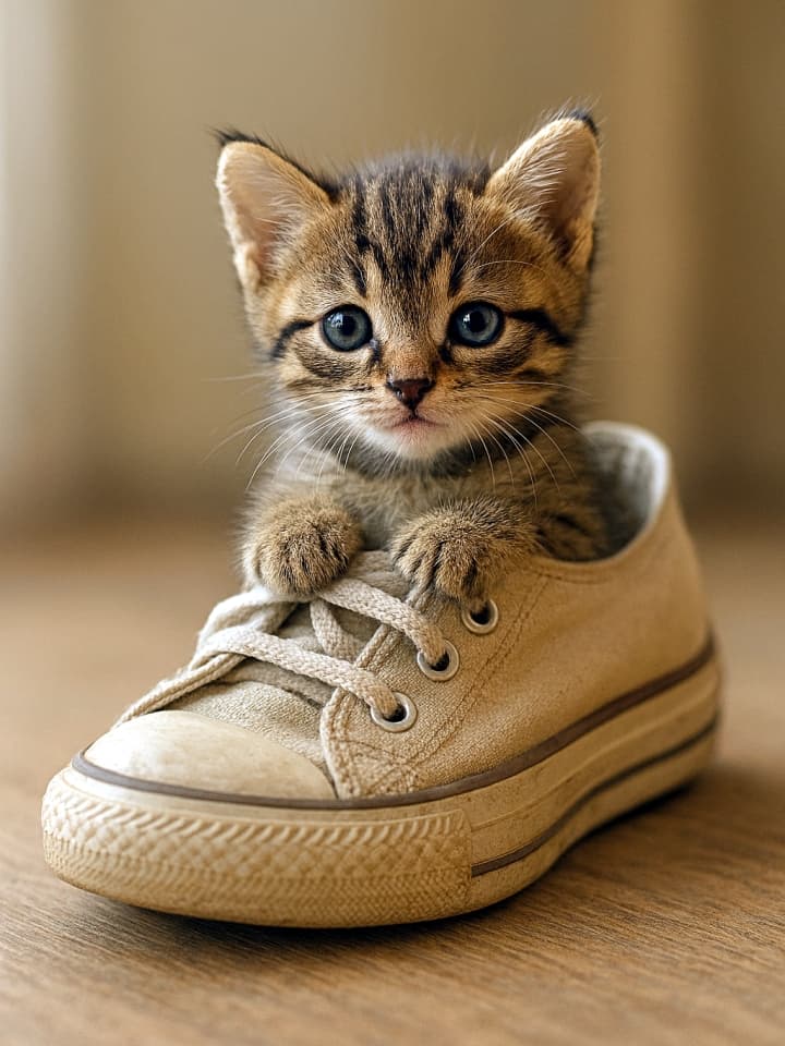 “Every great adventure begins in the smallest of places.” Photorealistic image of a tiny kitten sitting inside a worn sneaker, only its head and paws visible, soft daylight, cozy and playful scene. 青い目の小さなトラ猫がベージュのスニーカーの中から顔をのぞかせ、前足を靴の縁にそっと乗せている