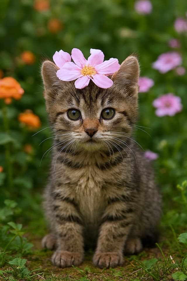 「お花のかんむり」“In the quiet garden, a crown of petals drifts into place. The kitten, unaware, becomes the star of spring.” Photorealistic tabby kitten sitting in a lush garden with soft pink flower petals resting on its head like a crown, surrounded by colorful blossoms and greenery, high detail close-up. ピンクの花を頭に乗せた縞模様の子猫が庭に座っている。周囲には緑の葉とピンク・オレンジの花が咲き誇る