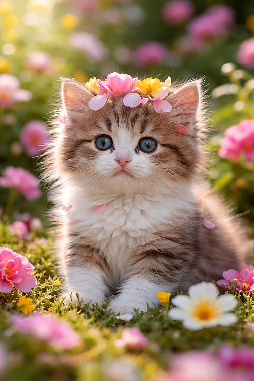 「お花の庭で遊んでいたら、いつのまにか花びらがちょこんと頭に!春の妖精みたいな子猫の、のんびりかわいいひととき🌸🐾」A fluffy kitten sitting in a flower-filled garden with colorful flower petals resting on its head, looking straight at the camera, photorealistic. 花いっぱいの庭に座り、頭に花びらをのせたふわふわの子猫がカメラを見つめているフォトリアルなシーン