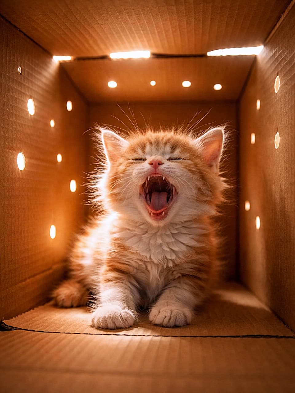 「段ボールの小さな穴からキラキラ光が差し込む秘密基地。中では子猫が思いっきり大あくび!眠たそうな表情とふわふわの毛並みに、思わずこちらまであくびがうつりそう」A tiny orange and white kitten yawning wide inside a cardboard box, warm light shining through small holes around it, photorealistic. 小さな穴から光が差し込む段ボール箱の中で、大きなあくびをする茶白の子猫のフォトリアルな写真