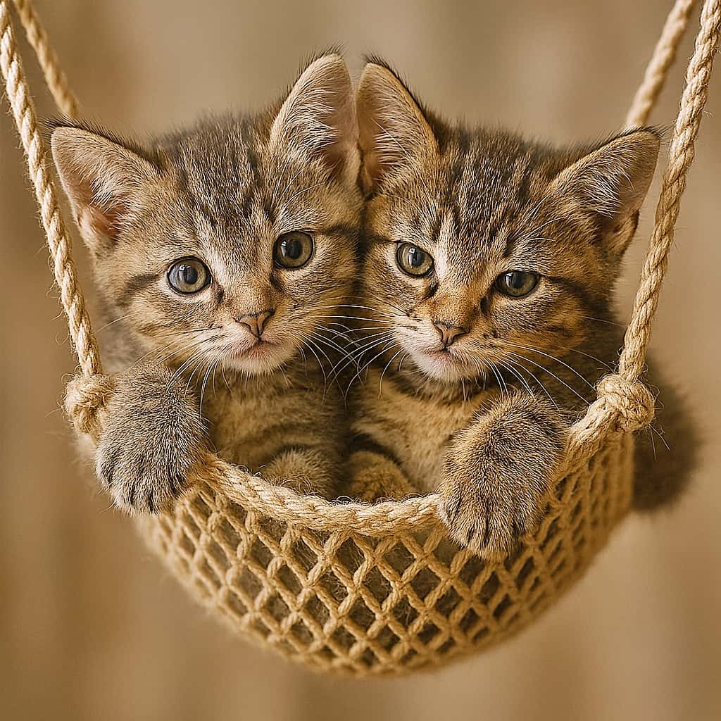 「ぎゅっ…!でも一緒がいいんだもん」Two tabby kittens share a tiny woven hammock, their bodies pressed together and nearly slipping out. Soft natural light highlights their detailed fur and the texture of the hammock. 2匹のタビー柄の子猫が小さな布製ハンモックを分け合い、今にも落ちそうなほど寄り添っている。柔らかな自然光が毛並みとハンモックの質感を優しく照らしている