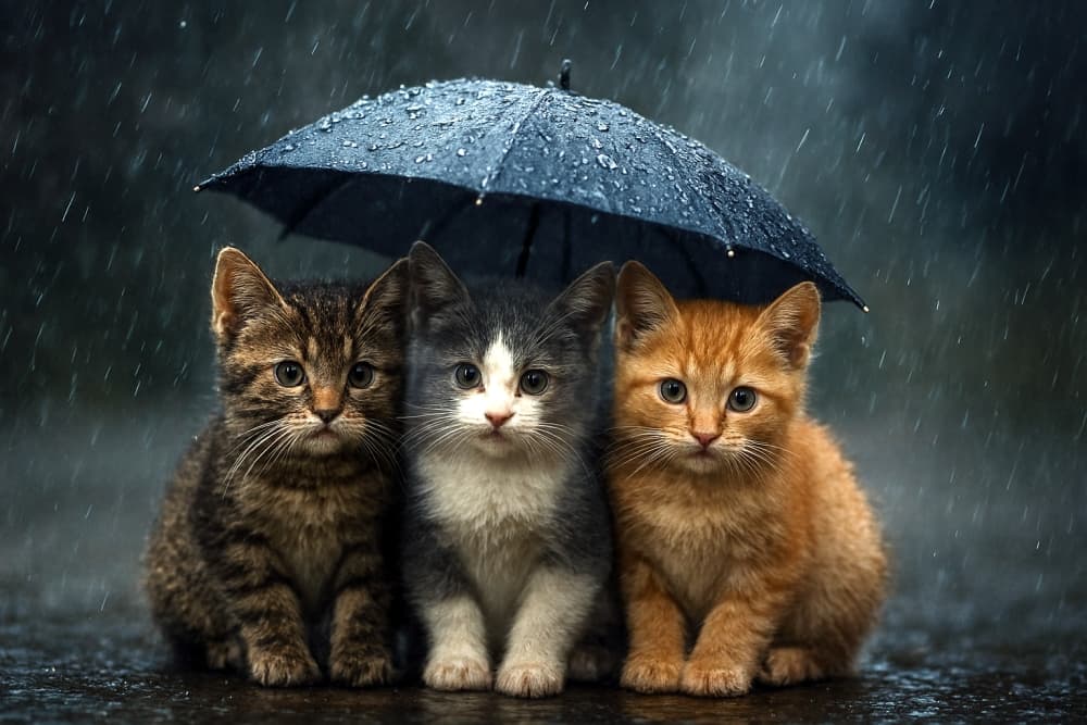 「ちいさな傘の下で(Beneath the Tiny Umbrella)」"Wrapped in raindrops, three kittens share their world beneath a tiny umbrella." Photorealistic cinematic image of three kittens huddled under a small umbrella in the rain, wet fur glistening, dramatic lighting, cozy and emotional scene. 雨の中、濃紺の傘の下で寄り添う3匹の色違いの子猫たち。雨粒に濡れながらも互いに身を寄せ合っている