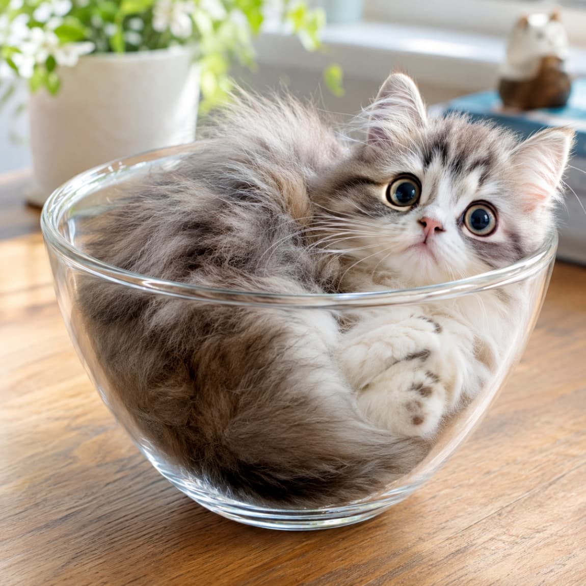 「ガラスの器の中に、最高級の「癒やし」の贈り物を見つけたよ💎✨
#猫 #サバトラ #長毛種 #猫のいる生活 #窓辺の風景」Ultra-realistic high-quality photograph of a fluffy, long-haired tabby kitten curled up inside a clear glass bowl, placed on a wooden table near a sunlit window. The kitten has striking large blue eyes and a look of wonder, looking directly at the camera. Its long tabby fur is soft and beautifully rendered. The window background with blurred potted plants and decorations creates a warm, cozy atmosphere with natural daylight. The transparency of the glass highlights the kitten's softness. 窓辺の木目調のテーブルの上に置かれた、丸いガラスボウルの中に、ふんわりとした長毛のサバトラの子猫が丸くなっています。子猫は大きな澄んだ青い目を大きく開けて、驚いたような、好奇心旺盛な表情でこちらを見ています。被毛は長く、サバトラの縞模様が柔らかく表現されています。背景は柔らかい自然光が差し込む窓辺で、観葉植物の緑と、置物がぼんやりと見え、温かい雰囲気です。ガラスの器の透明感と、子猫の柔らかな毛並みのコントラストが美しい