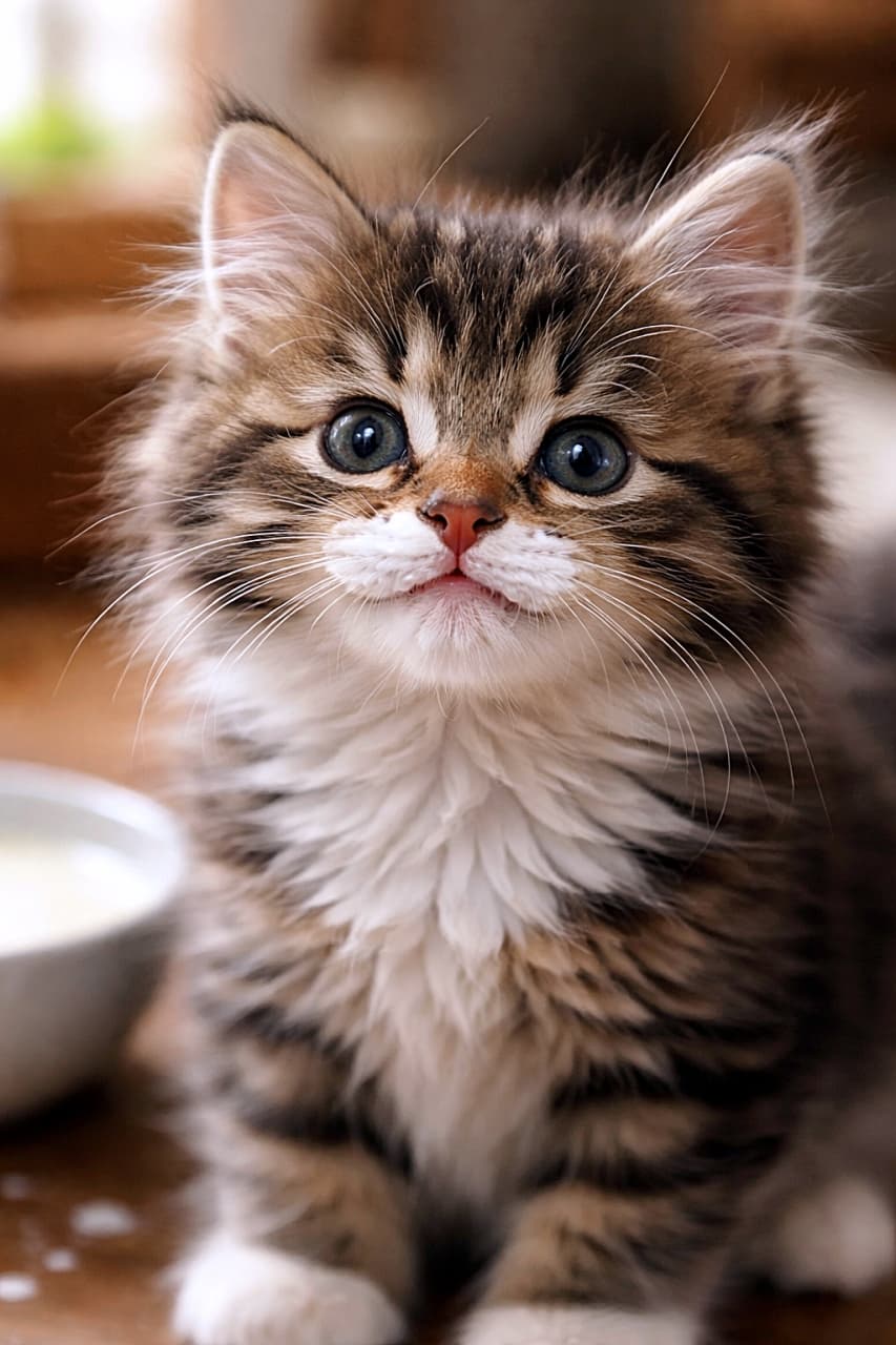 「ミルクを飲み終えたばかりの子猫。口元には立派な“ミルクひげ”。「どう?ちゃんと飲めたよ!」と誇らしげな顔でこちらを見る姿がたまらなく可愛い一枚」Kitten with a milk mustache proudly looking at the camera after drinking milk, photorealistic close-up. ミルクを飲んで口元にミルクのひげをつけたまま、得意げにカメラを見る子猫のクローズアップ写真
