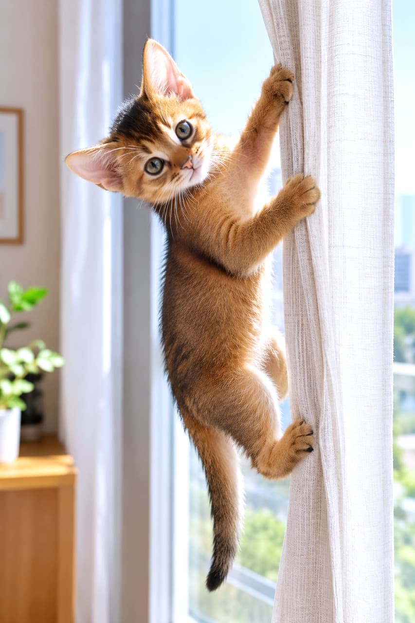 「カーテン登りは僕の得意技！得意げな表情とピーンと立ったお耳から目が離せない🧗🐈✨ #猫のいる生活 #にゃんすたぐらむ」Ultra-realistic high-quality photograph of a playful Abyssinian-style kitten climbing and hanging onto a white curtain next to a bright window, looking back at the camera with a confident expression in natural sunlight. 明るい日差しが差し込む大きな窓辺で、白いカーテンにしっかりと爪を立ててよじ登るアビシニアン風の子猫。美しい赤茶色の被毛が光に透け、大きな耳と丸い瞳でカメラを少し得意げに見つめ返しています。元気で活発な様子が躍動感たっぷりに伝わる一枚