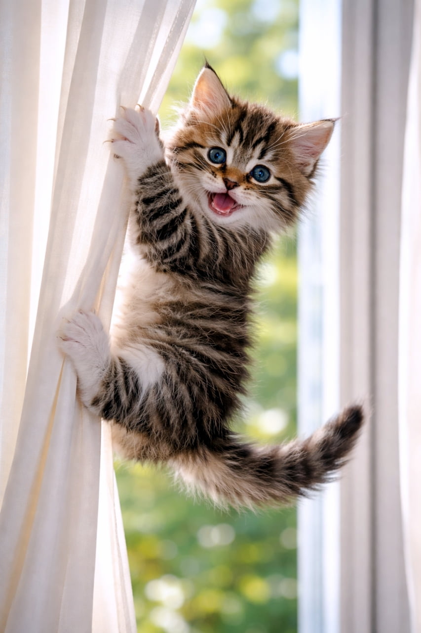 「カーテンをよじ登ってドヤ顔の子猫!小さな爪でぶら下がりながら「見て見て!」と言わんばかりのいたずらスマイル。今日もおうちは大冒険の舞台です。🐾😸」Playful tabby kitten dangling from a white curtain with its tiny claws, looking mischievous in bright daylight, photorealistic. 小さな爪で白いカーテンにつかまり、ぶら下がりながらいたずらっぽい表情を見せる子猫。明るい昼の光に包まれたフォトリアルなシーン