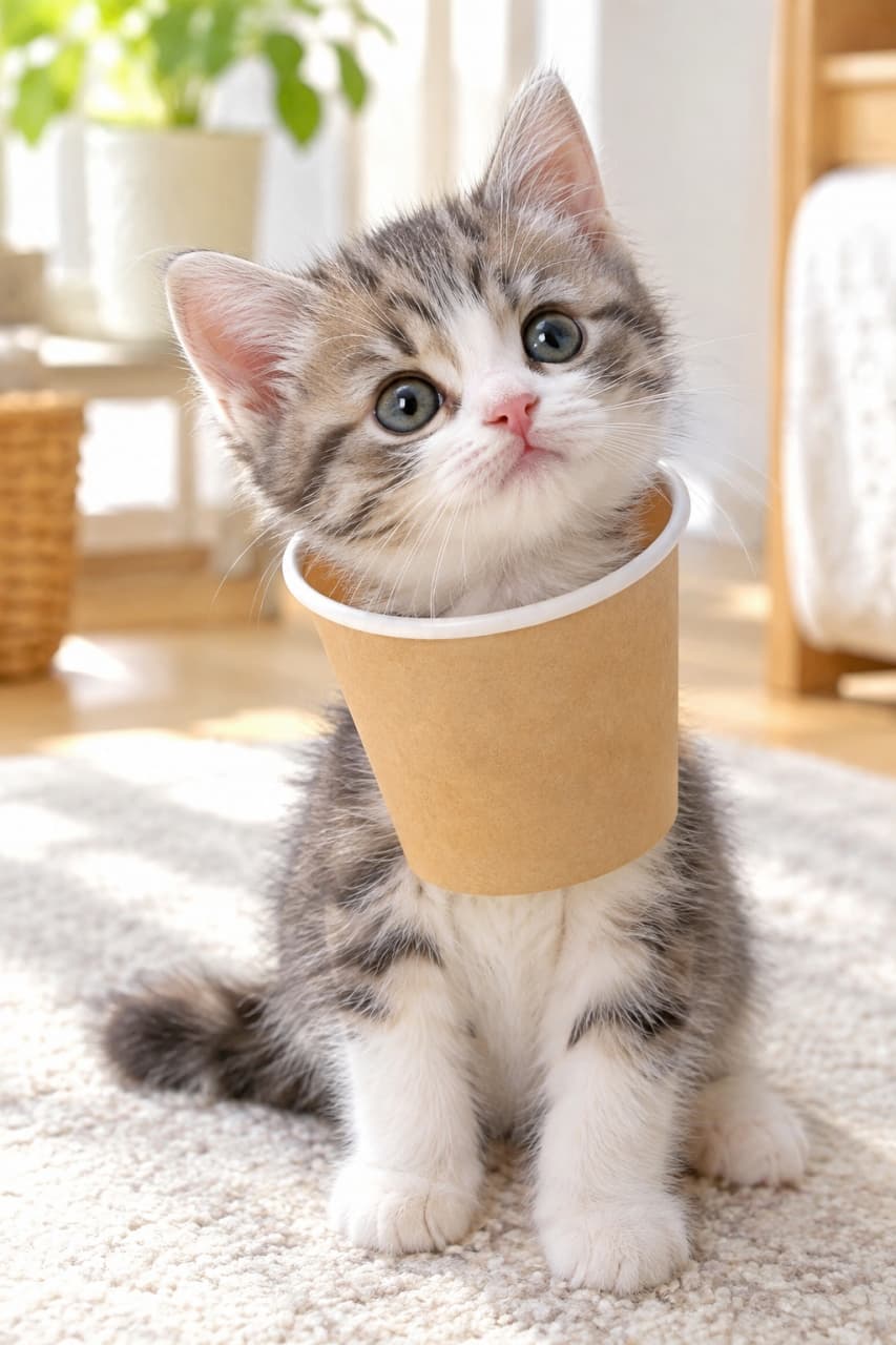 「あれれ？コップに入るつもりがすっぽりハマっちゃった！キョトン顔が最高🐈✨ #猫のいる風景 #にゃんすたぐらむ」Ultra-realistic high-quality photograph of a silver tabby and white kitten sitting on a rug with a brown paper cup stuck around its body like a collar. Note: This image is a result of a failed prompt "A kitten inside a paper cup with the rim just around its neck like a collar, photorealistic, bright tones." but remains highly charming. 明るい室内のラグの上に座るサバトラ白の子猫。本来はコップの中に入る意図（プロンプト：A kitten inside a paper cup with the rim just around its neck like a collar, photorealistic, bright tones.）でしたが、AIの解釈により紙コップの底が抜け、首輪のように胴体にはまってしまった失敗作の情景です。しかし本人はキョトンとした大きな瞳でこちらを見つめており、愛嬌たっぷりに描写されています