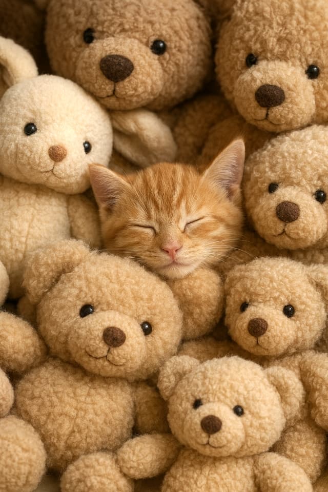 「ぬいぐるみに同化中」“A little adventurer, dreaming among plush companions.” Photorealistic orange tabby kitten sleeping face-first inside a pile of plush toys, blending in almost perfectly, cozy hidden scene. 目を閉じたオレンジのトラ猫が、淡い茶色のテディベアたちに囲まれて穏やかに眠っている。柔らかな質感が調和している