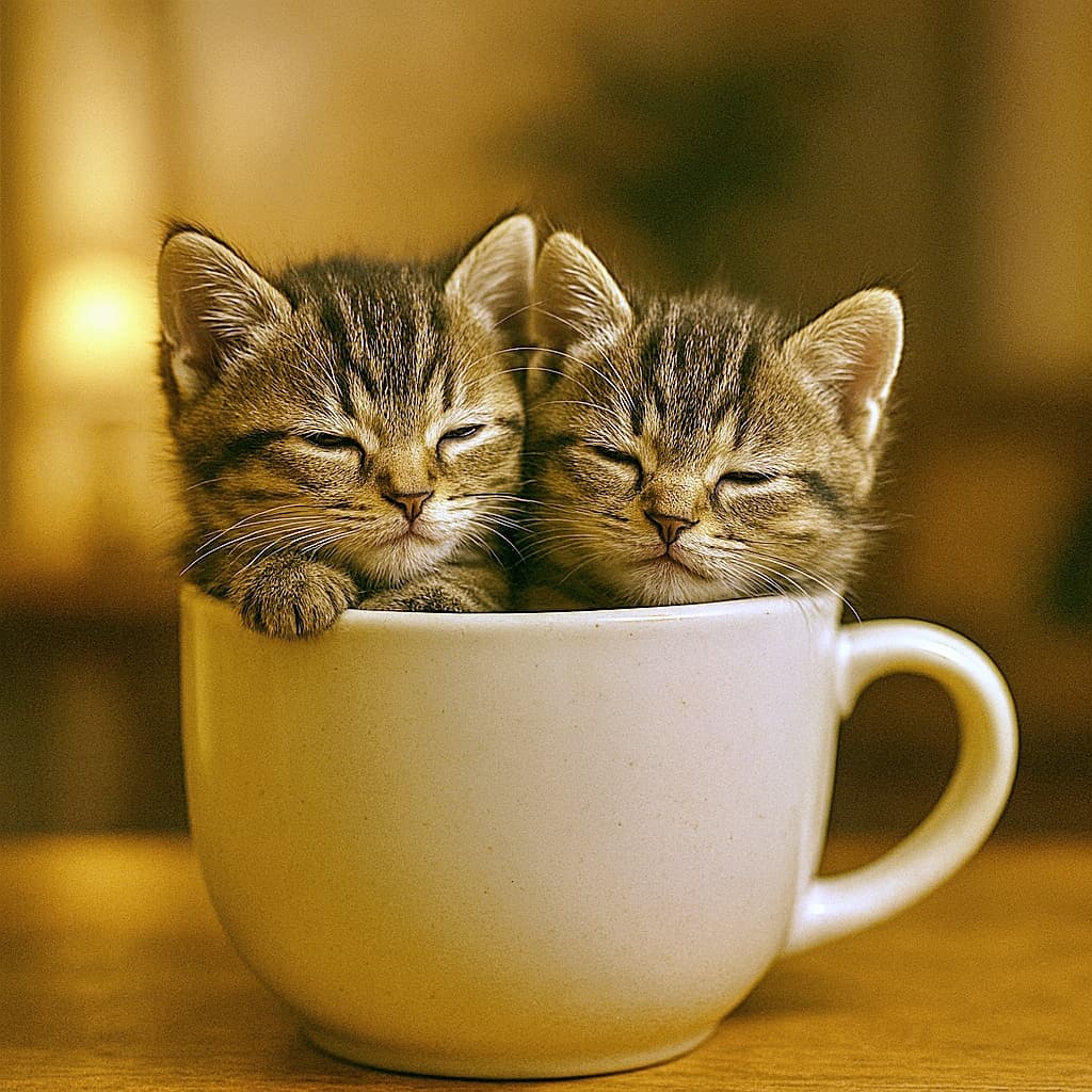 「ぬくもりマグで、ふたりの夢がとろける午後」Two sleepy tabby kittens nestled together inside a large cream-colored ceramic mug, their heads resting on the rim with half-closed eyes, bathed in warm indoor lighting. 眠そうな2匹のトラ猫の子猫が、大きなクリーム色のマグカップの中で寄り添い、ふちに頭を乗せてうとうとしながら、暖かな室内の光に包まれている
