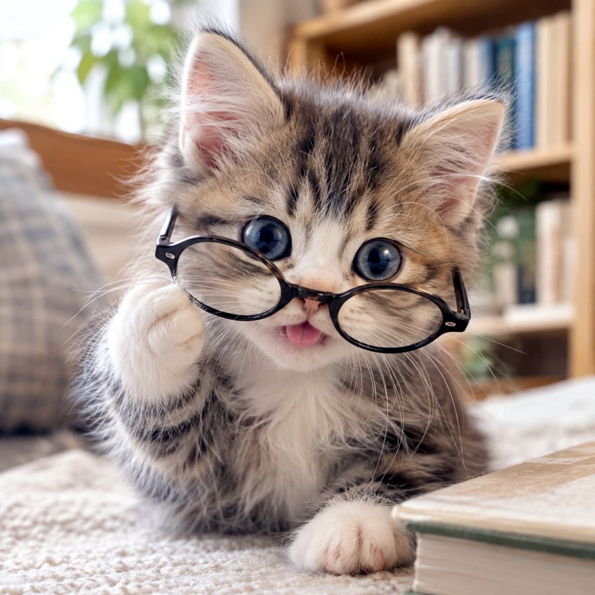 「今日の読書はおしまい！メガネを直すインテリな仕草とチラッと見えた舌のギャップが最高👓🐈✨ #猫のいる風景 #にゃんすたぐらむ」Ultra-realistic high-quality photograph of a fluffy tabby and white kitten wearing round black reading glasses, using one paw to playfully adjust the frame. A book lies in the foreground against a cozy bookshelf background. 本棚を背景に、黒縁の丸メガネをかけた長毛のキジ白の子猫。前足でメガネをクイッと直すようなポーズをしており、手前には古い本が置かれています。小さな舌を少しだけ出してお茶目にこちらを見つめる、擬人化された愛らしい情景