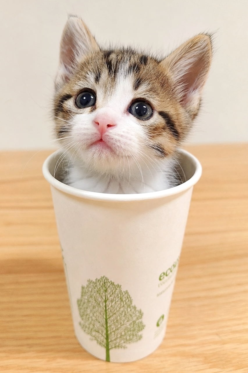 「エコなコップの中から、お外の様子が気になる猫ちゃん🌱🐾
#猫 #サバトラ #ハチワレ #エコ #自然派」Ultra-realistic high-quality photograph of a tabby and white kitten with large blue eyes looking upwards with curiosity, nested inside an eco-friendly paper cup featuring a green tree illustration and text. The kitten has distinct tabby patterns and white fur, with a cute pink nose. The cup rests on a wooden table, against a softly lit white wall background. The kitten's inquisitive expression and the green theme create a natural and charming scene. 木の幹のイラストと文字が描かれた、エコなデザインの紙コップに、サバトラ白の子猫が収まっています。子猫は大きな青い目で上を見上げており、ピンクの鼻が愛らしい表情です。サバトラの模様と白い毛並みがはっきりしており、短い毛並みがふんわりしています。コップは木目調のテーブルの上にあり、背景は白壁で、自然な光が全体を包み込んでいます。子猫の探検心を感じさせるような表情と、エコなコップのデザインが調和しています