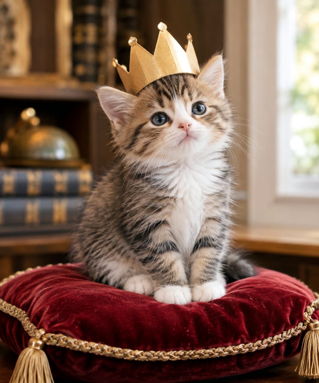 「小さな王様のお出まし！深紅のクッションと王冠で今日は特別なお祝い気分👑🐈✨ #猫のいる風景 #にゃんすたぐらむ」Ultra-realistic high-quality photograph of a brown tabby and white kitten wearing a small gold crown, sitting on a luxurious deep red velvet cushion with gold tassels. The background features blurred books and a globe in a classical study setting. クラシックな書斎を思わせる背景の中、金色のタッセルが付いた深紅のベルベットクッションの上に座るキジトラ白の子猫。頭には金色の紙の王冠を乗せ、大きな瞳で少し誇らしげに上を見つめています。クッションの高級感ある質感と子猫の愛らしさが際立っています